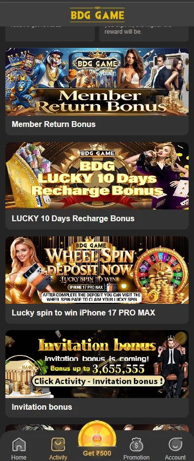 BDG Game recharge bonus and activity list