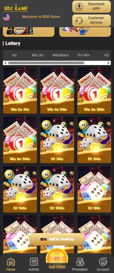 BDG Game game library with lottery and casino-style tiles