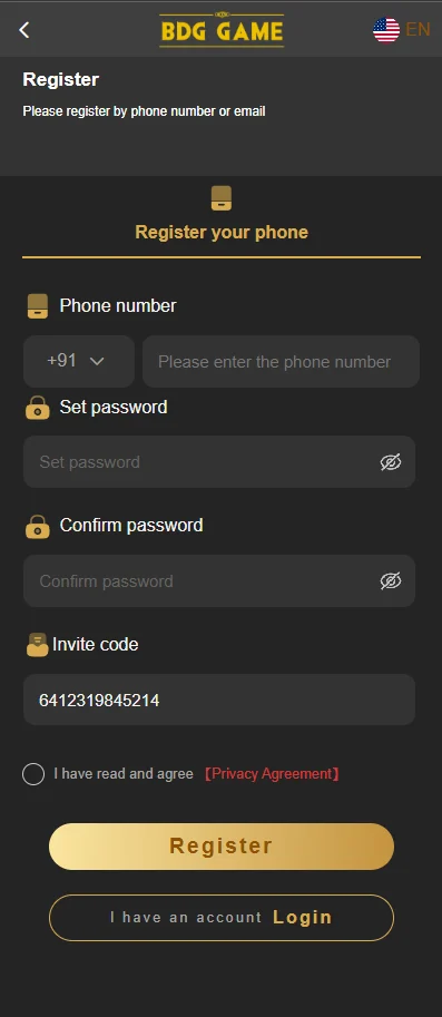 BDG Game registration screen with phone, password and invitation fields